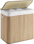 150L Foldable Bamboo Laundry Basket with 3 Compartments Clamp Lid