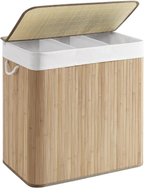 150L Foldable Bamboo Laundry Basket with 3 Compartments Clamp Lid